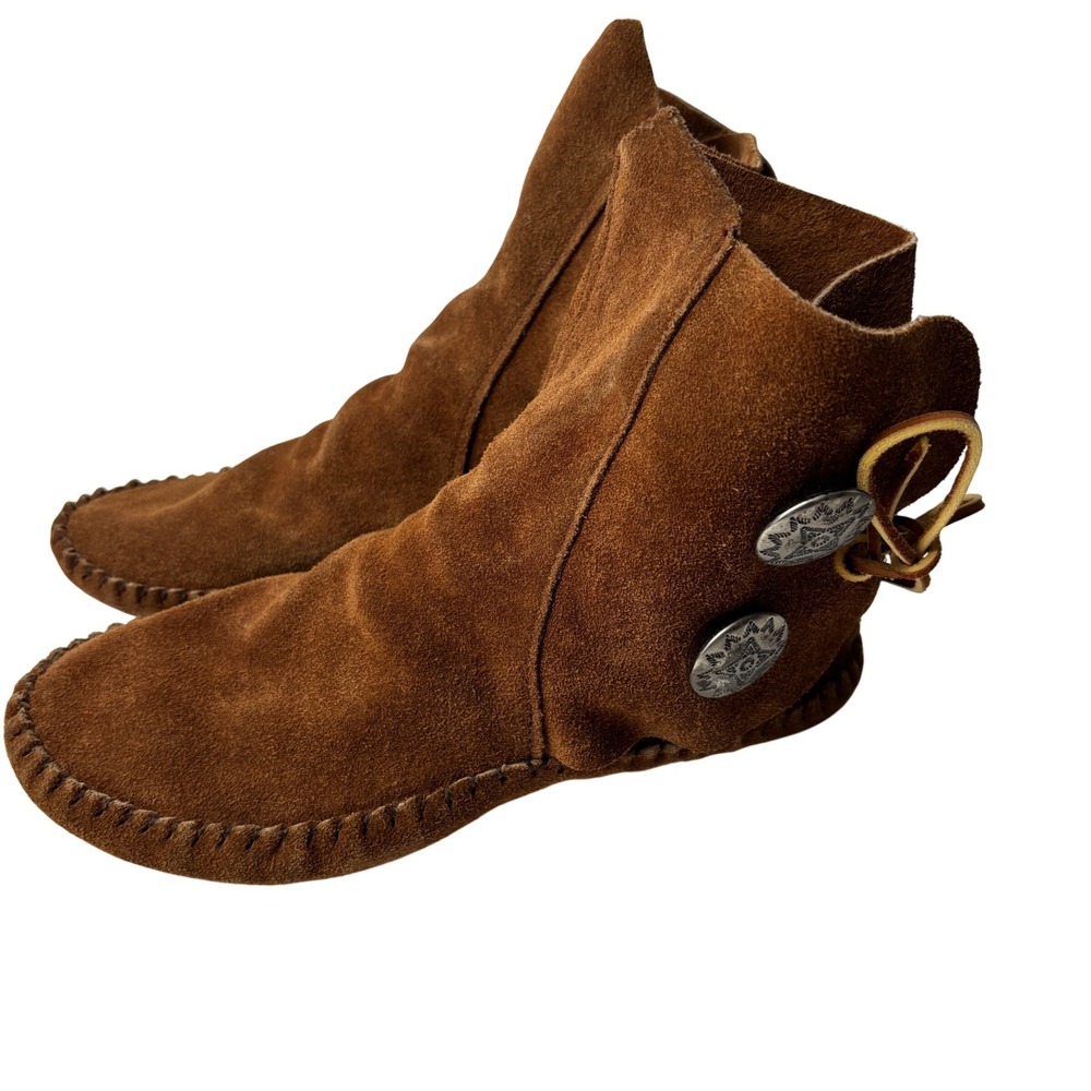 Native x Taos Brown Suede Leather Moccasin Ankle Boots w 2 Conchos Womens 8 $175